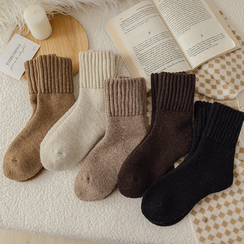 Five pairs of cozy sweater socks in cream, camel, taupe, espresso and black